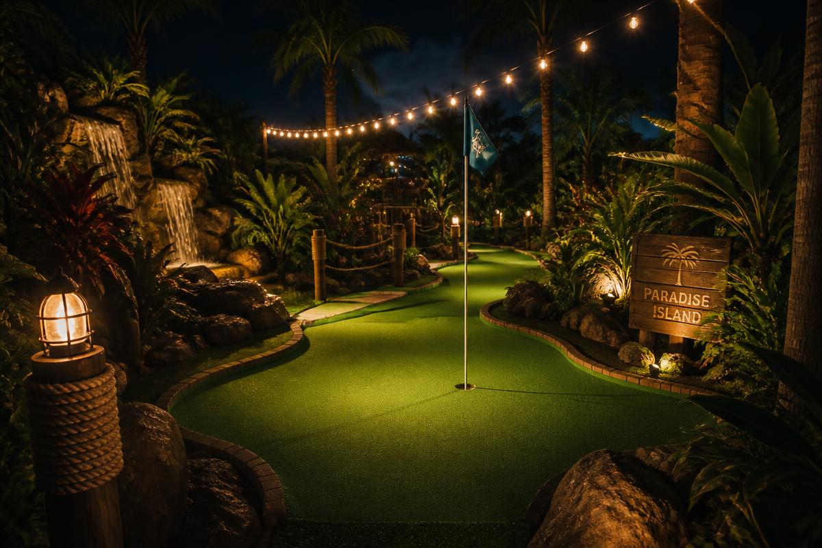 Lantern-lit tropical mini golf hole with palms and string lights